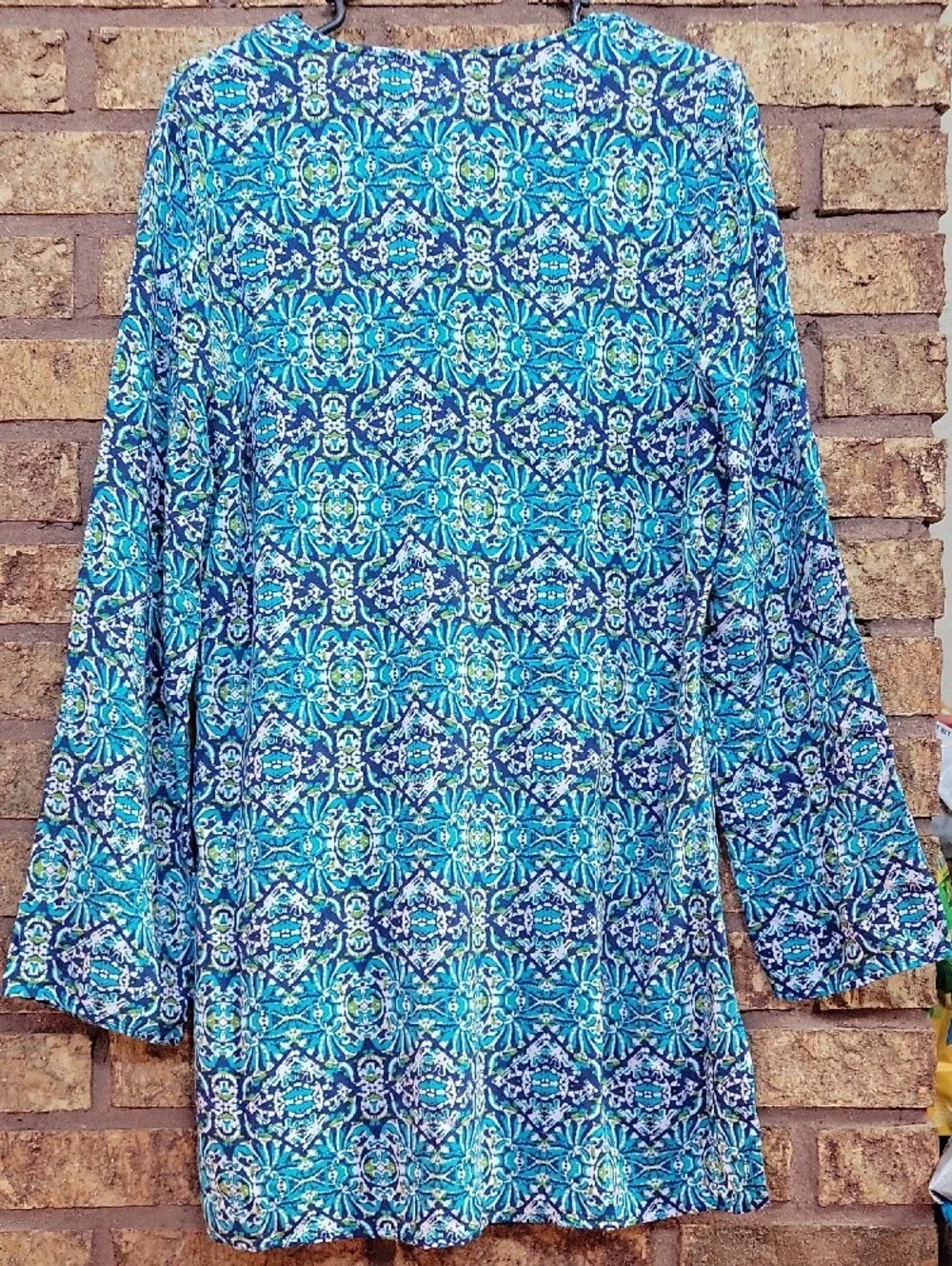 La Blanca Tuvalu Tapa Long-Sleeve Tassel Tunic Coverup Size Medium Viscose